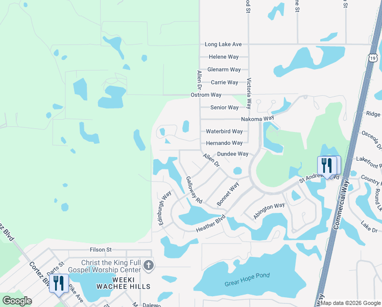 map of restaurants, bars, coffee shops, grocery stores, and more near 8425 Dunnellon Road in Spring Hill