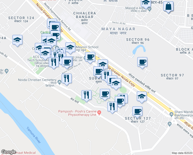 map of restaurants, bars, coffee shops, grocery stores, and more near in Noida