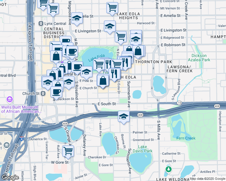 map of restaurants, bars, coffee shops, grocery stores, and more near 595 East Church Street in Orlando