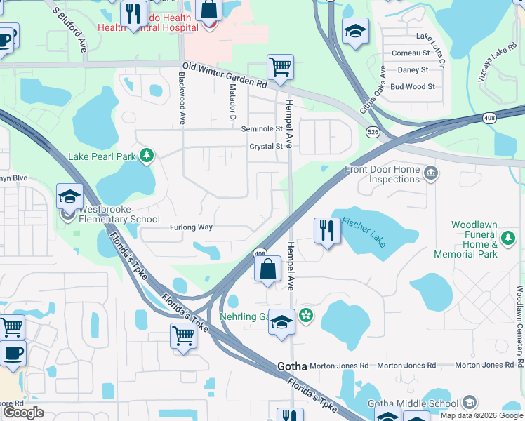map of restaurants, bars, coffee shops, grocery stores, and more near 3600 Pompano Court in Gotha