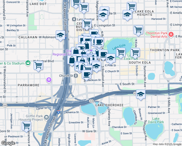map of restaurants, bars, coffee shops, grocery stores, and more near 155 South Court Avenue in Orlando