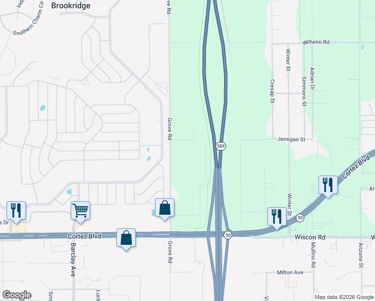 map of restaurants, bars, coffee shops, grocery stores, and more near 7424 Grove Road in Brooksville