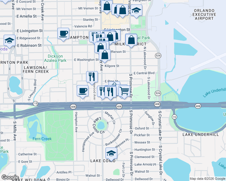 map of restaurants, bars, coffee shops, grocery stores, and more near 2412 East Church Street in Orlando