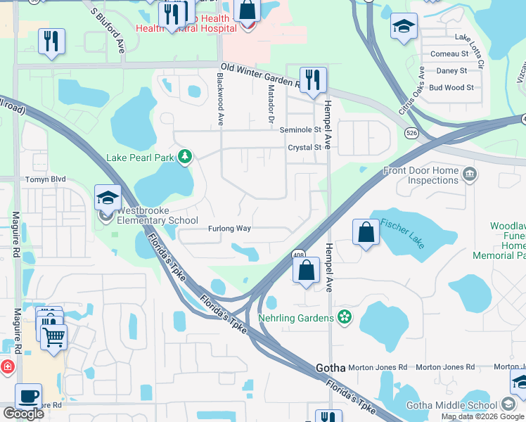map of restaurants, bars, coffee shops, grocery stores, and more near 2000 Blackwood Avenue in Gotha