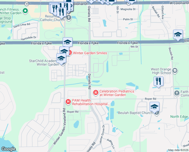 map of restaurants, bars, coffee shops, grocery stores, and more near 267 Doe Run Drive in Winter Garden
