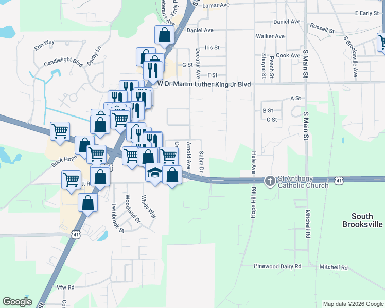 map of restaurants, bars, coffee shops, grocery stores, and more near 1510 Arnold Avenue in Brooksville