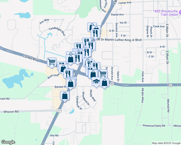 map of restaurants, bars, coffee shops, grocery stores, and more near 20093 Cortez Boulevard in Brooksville