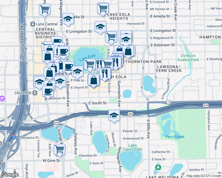 map of restaurants, bars, coffee shops, grocery stores, and more near in Orlando