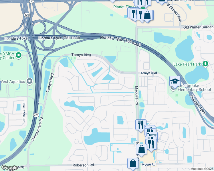 map of restaurants, bars, coffee shops, grocery stores, and more near 239 Highbrooke Boulevard in Ocoee