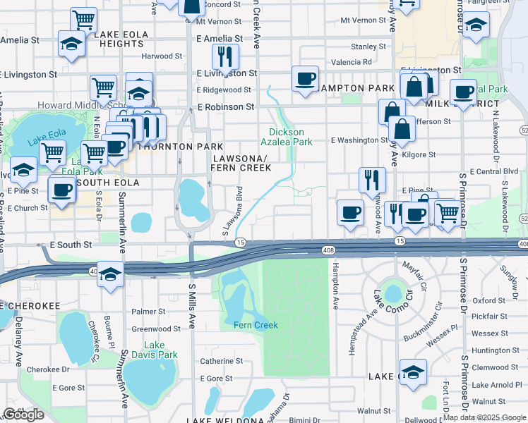 map of restaurants, bars, coffee shops, grocery stores, and more near 21 East Jackson Street in Orlando