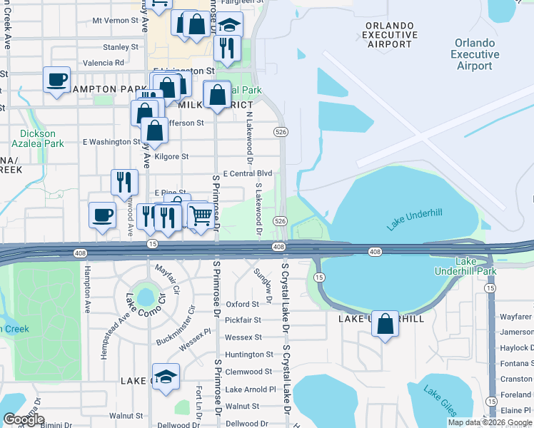 map of restaurants, bars, coffee shops, grocery stores, and more near 201 South Lakewood Drive in Orlando