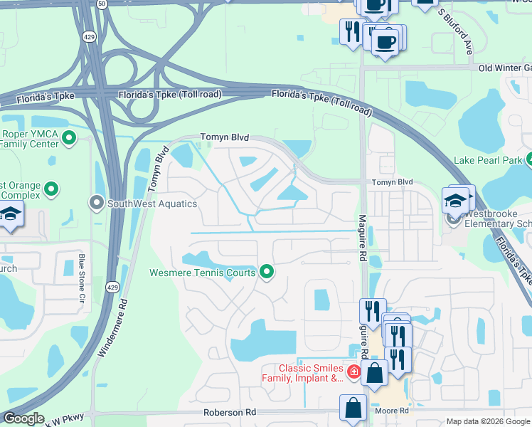 map of restaurants, bars, coffee shops, grocery stores, and more near 323 Highbrooke Boulevard in Ocoee