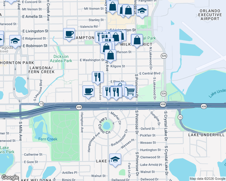 map of restaurants, bars, coffee shops, grocery stores, and more near 2410 East Church Street in Orlando