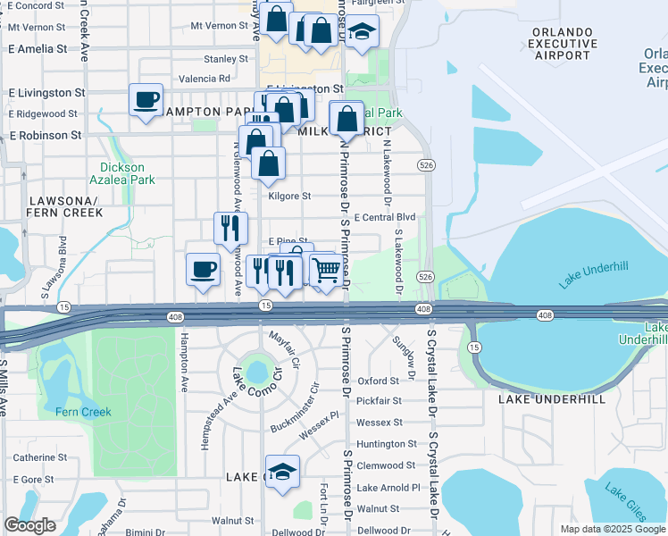 map of restaurants, bars, coffee shops, grocery stores, and more near 2724 East Church Street in Orlando
