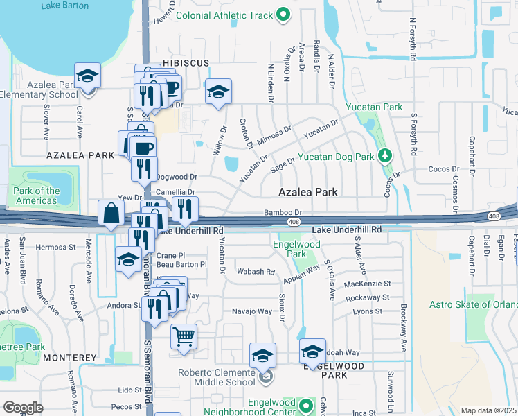 map of restaurants, bars, coffee shops, grocery stores, and more near 6016 Dogwood Drive in Orlando