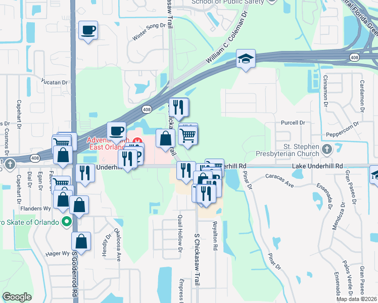 map of restaurants, bars, coffee shops, grocery stores, and more near 275 South Chickasaw Trail in Orlando