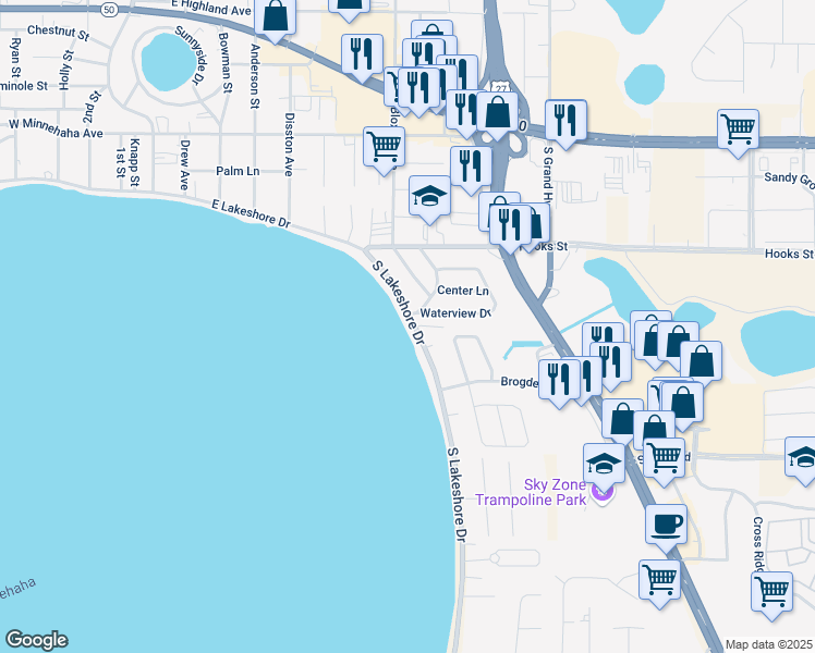 map of restaurants, bars, coffee shops, grocery stores, and more near 2237 South Lakeshore Drive in Clermont