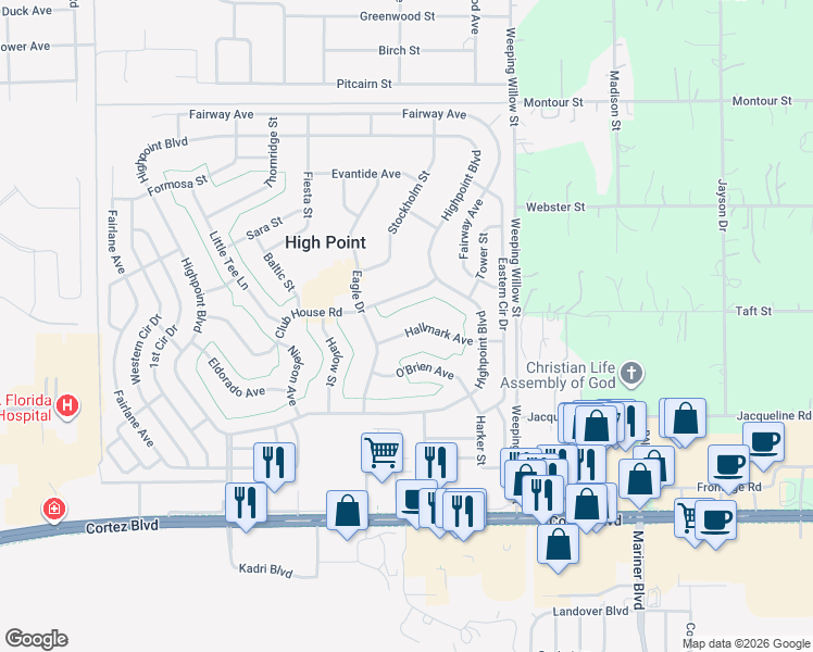 map of restaurants, bars, coffee shops, grocery stores, and more near 12287 Hallmark Avenue in Brooksville
