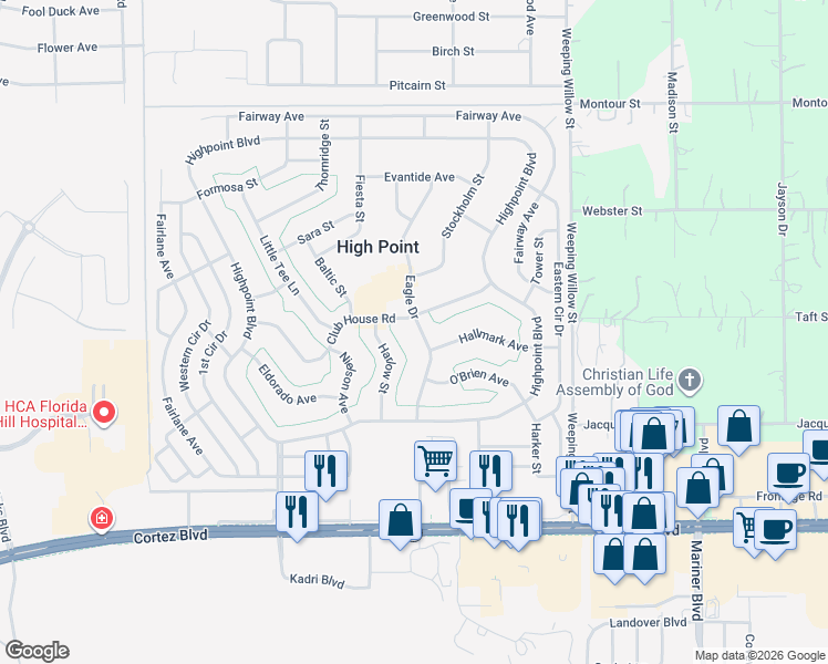 map of restaurants, bars, coffee shops, grocery stores, and more near 7487 Eagle Drive in Brooksville