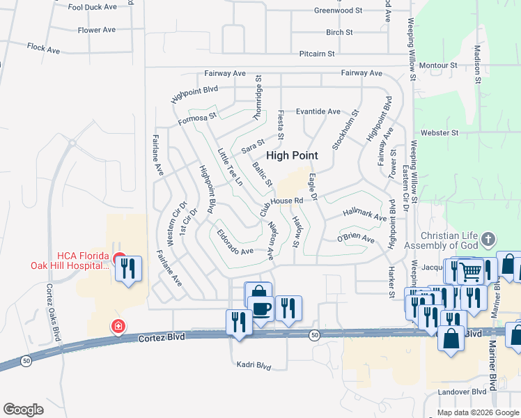 map of restaurants, bars, coffee shops, grocery stores, and more near 12186 Club House Road in Brooksville