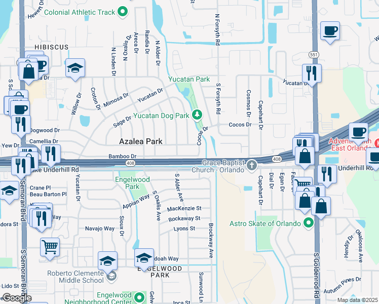 map of restaurants, bars, coffee shops, grocery stores, and more near 6336 Dogwood Drive in Orlando