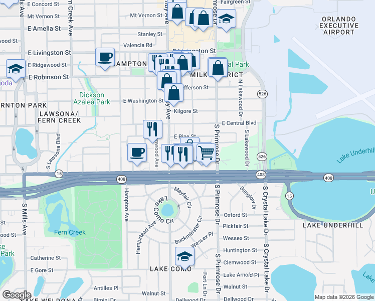 map of restaurants, bars, coffee shops, grocery stores, and more near 2410 East Church Street in Orlando