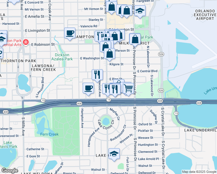 map of restaurants, bars, coffee shops, grocery stores, and more near 2410 East Church Street in Orlando