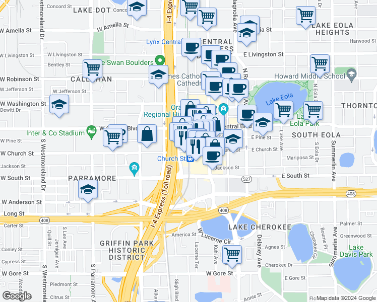 map of restaurants, bars, coffee shops, grocery stores, and more near 123 West Church Street in Orlando