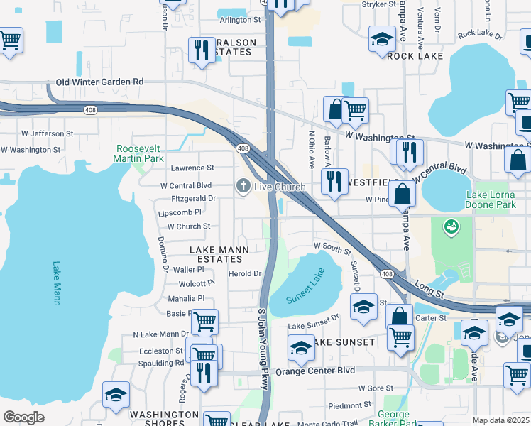 map of restaurants, bars, coffee shops, grocery stores, and more near 2802 Old Winter Garden Road in Orlando
