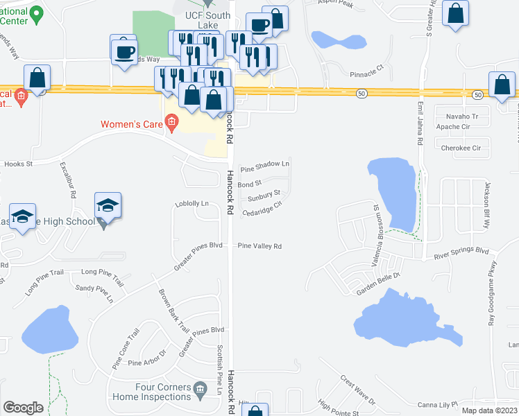 map of restaurants, bars, coffee shops, grocery stores, and more near 2692 Cedaridge Circle in Clermont