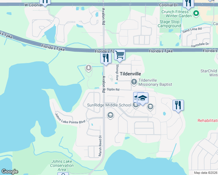map of restaurants, bars, coffee shops, grocery stores, and more near 14945 Siplin Road in Winter Garden