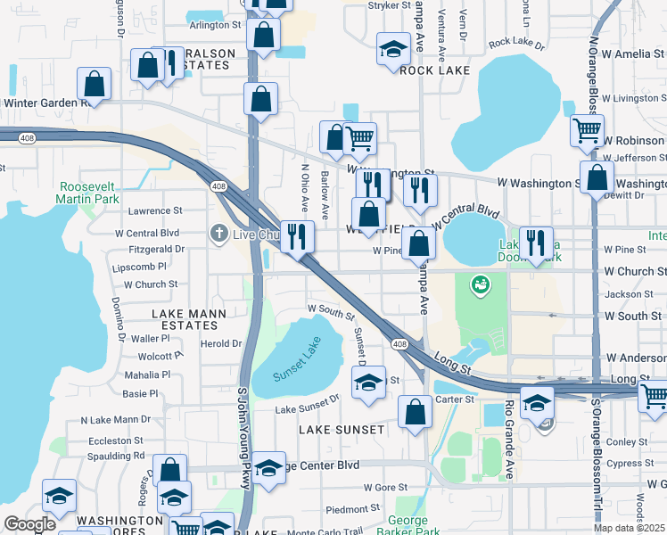 map of restaurants, bars, coffee shops, grocery stores, and more near 105 South Texas Avenue in Orlando
