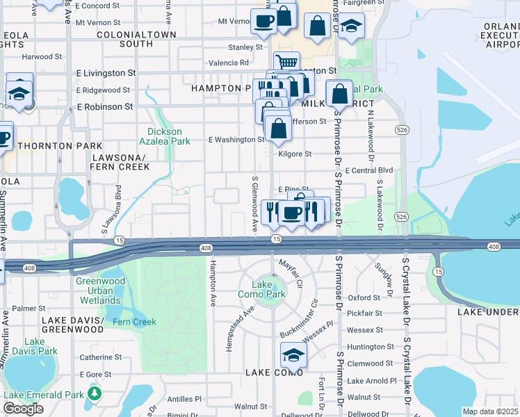 map of restaurants, bars, coffee shops, grocery stores, and more near 201 South Glenwood Avenue in Orlando