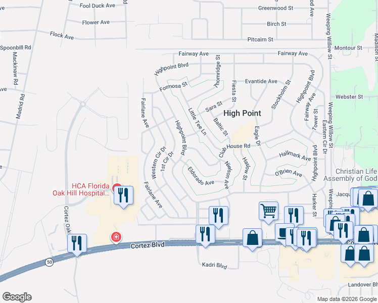 map of restaurants, bars, coffee shops, grocery stores, and more near 12024 Club House Rd in Brooksville