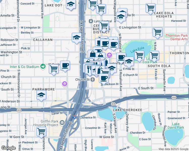 map of restaurants, bars, coffee shops, grocery stores, and more near 51 West Church Street in Orlando