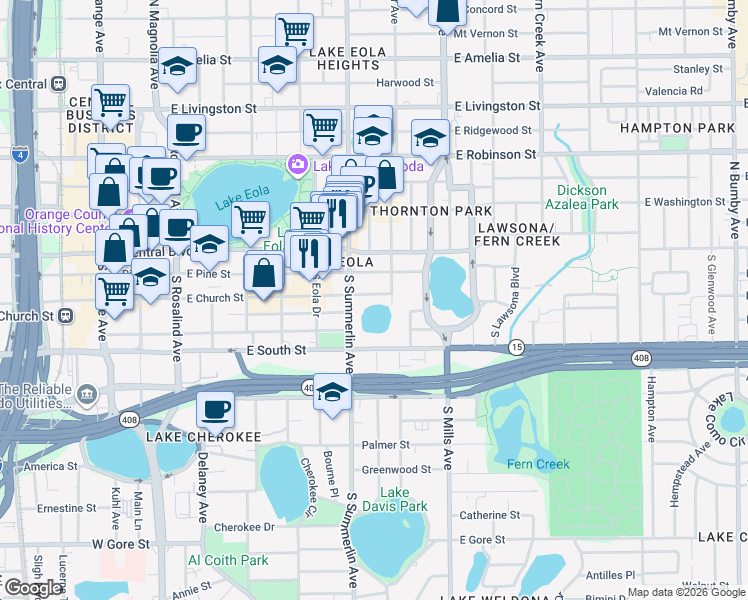 map of restaurants, bars, coffee shops, grocery stores, and more near 800 East Church Street in Orlando