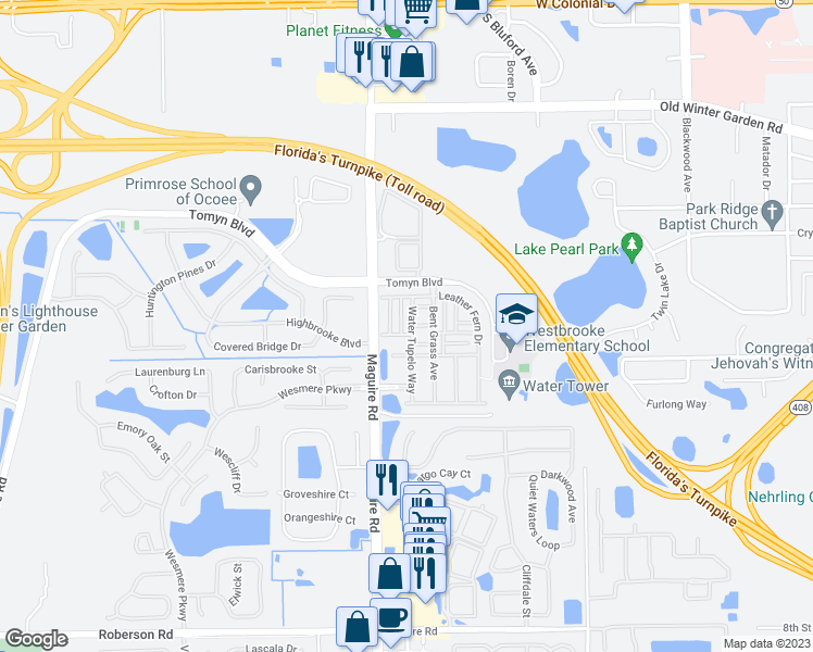 map of restaurants, bars, coffee shops, grocery stores, and more near 2019 Water Tupelo Way in Ocoee