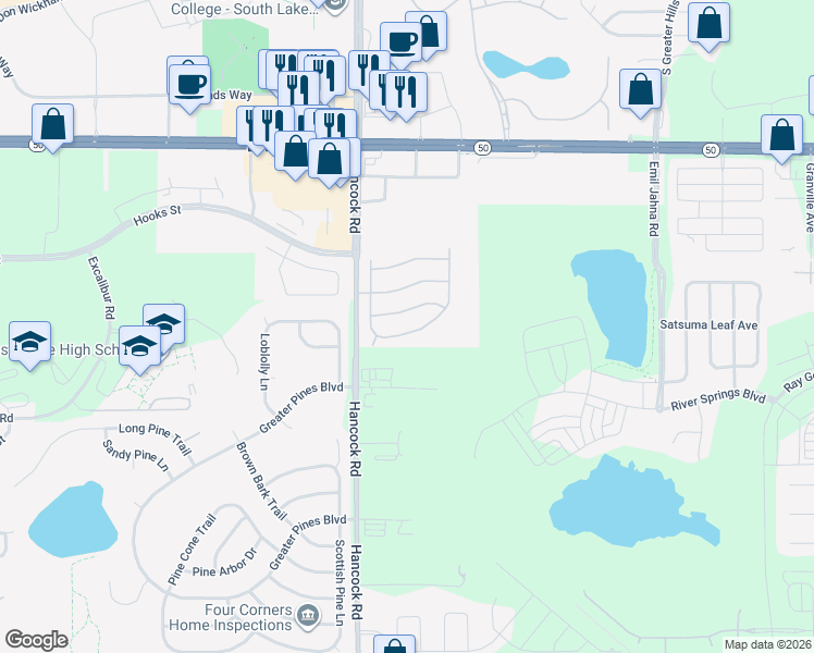 map of restaurants, bars, coffee shops, grocery stores, and more near 2696 Cedaridge Circle in Clermont