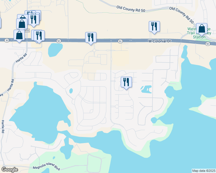 map of restaurants, bars, coffee shops, grocery stores, and more near 17194 Hickory Wind Drive in Clermont