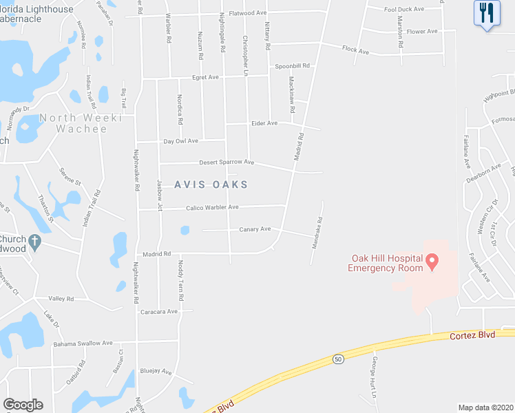 map of restaurants, bars, coffee shops, grocery stores, and more near 10472 Calico Warbler Avenue in Brooksville