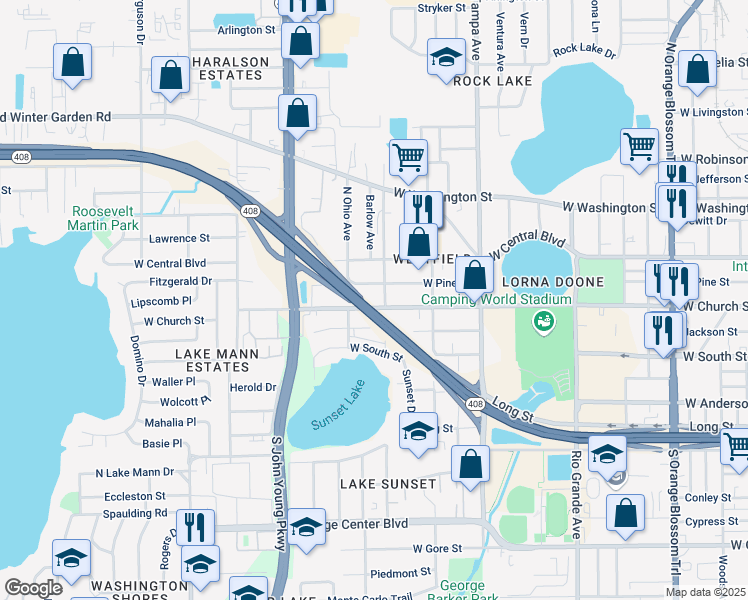 map of restaurants, bars, coffee shops, grocery stores, and more near 2209 West Church Street in Orlando