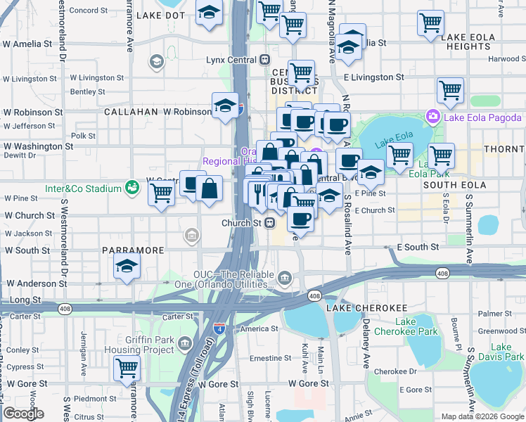 map of restaurants, bars, coffee shops, grocery stores, and more near 119 West Church Street in Orlando