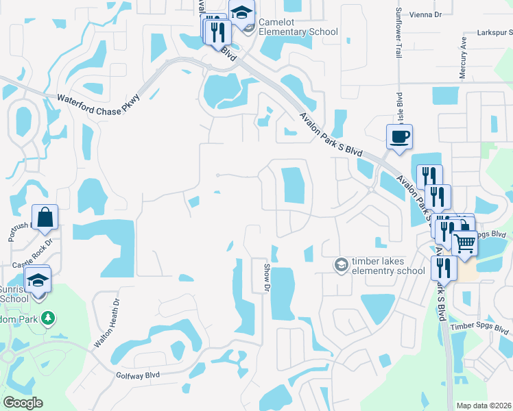 map of restaurants, bars, coffee shops, grocery stores, and more near 14814 Windigo Lane in Orlando