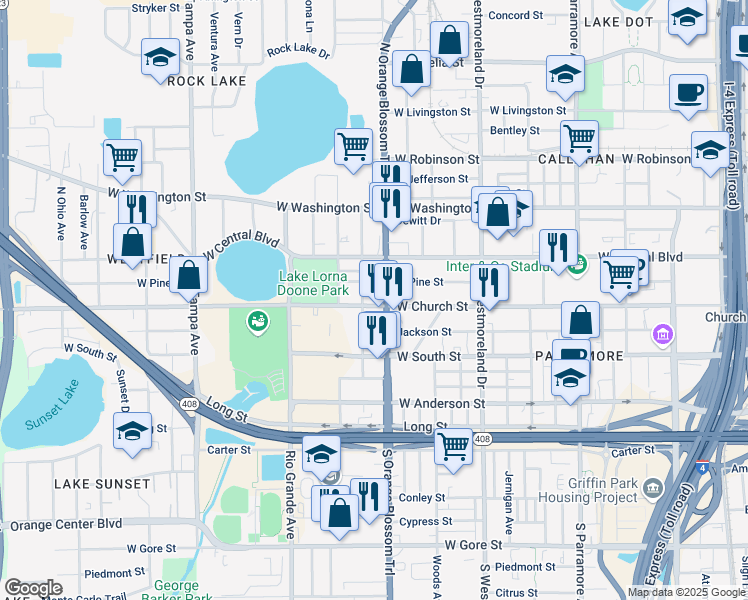 map of restaurants, bars, coffee shops, grocery stores, and more near 1315 West Church Street in Orlando