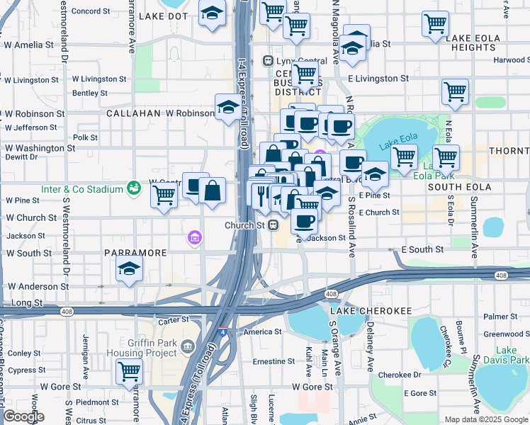 map of restaurants, bars, coffee shops, grocery stores, and more near 121 West Church Street in Orlando
