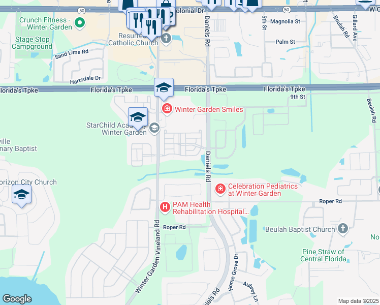 map of restaurants, bars, coffee shops, grocery stores, and more near 13856 Daniels Landing Circle in Winter Garden