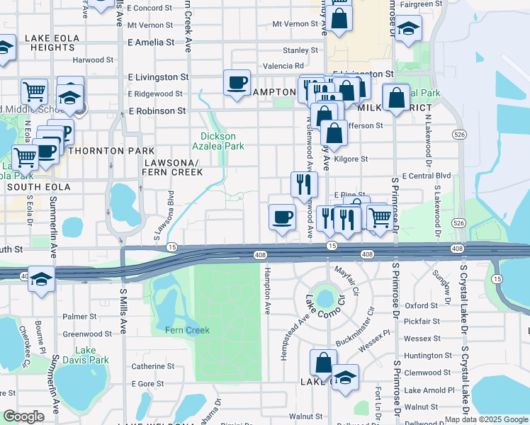 map of restaurants, bars, coffee shops, grocery stores, and more near 2008 Forest Circle in Orlando