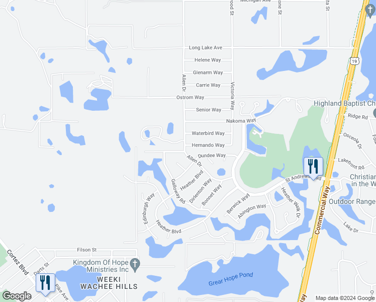 map of restaurants, bars, coffee shops, grocery stores, and more near 7480 Allen Drive in Spring Hill