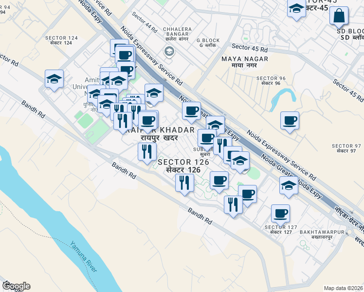 map of restaurants, bars, coffee shops, grocery stores, and more near Noida Greater Noida Express Way in Noida