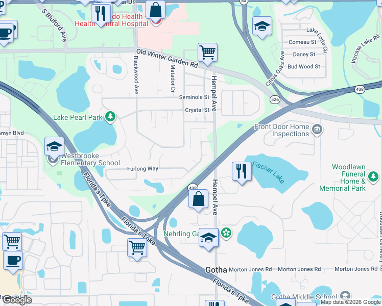 map of restaurants, bars, coffee shops, grocery stores, and more near 3600 Pompano Court in Gotha